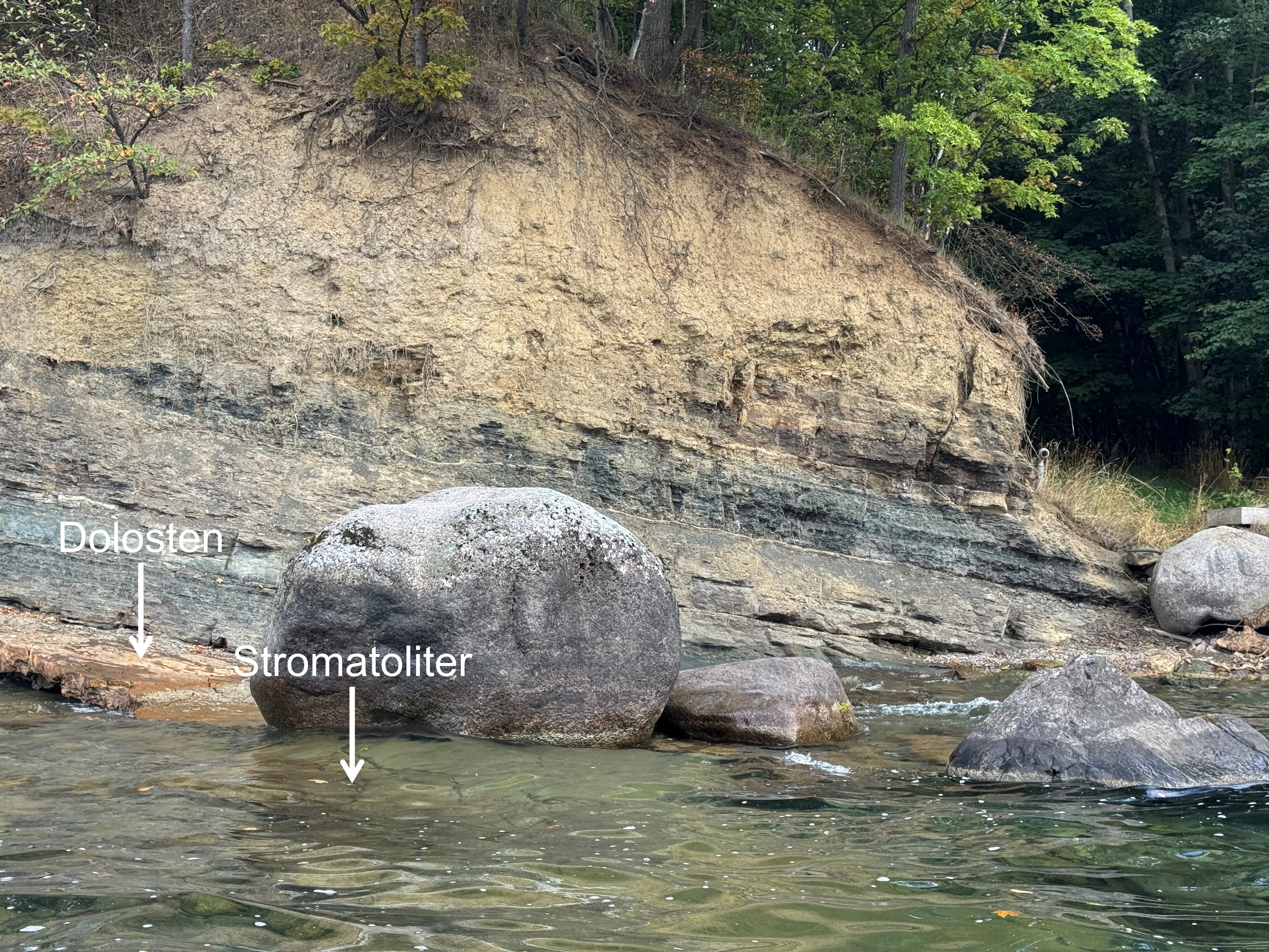 Stenhällen med böljeslagsmärken.